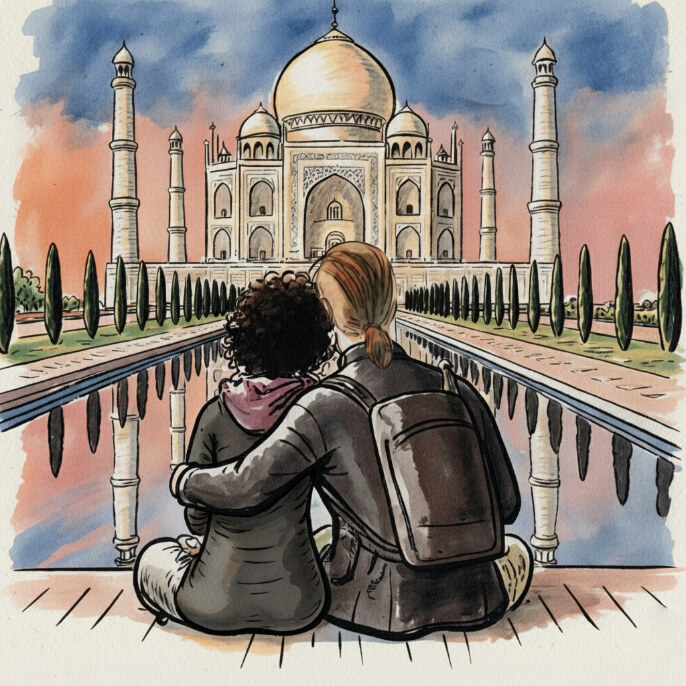 Couple watching the Taj Mahal in India at dawn in front of it's reflection pool.