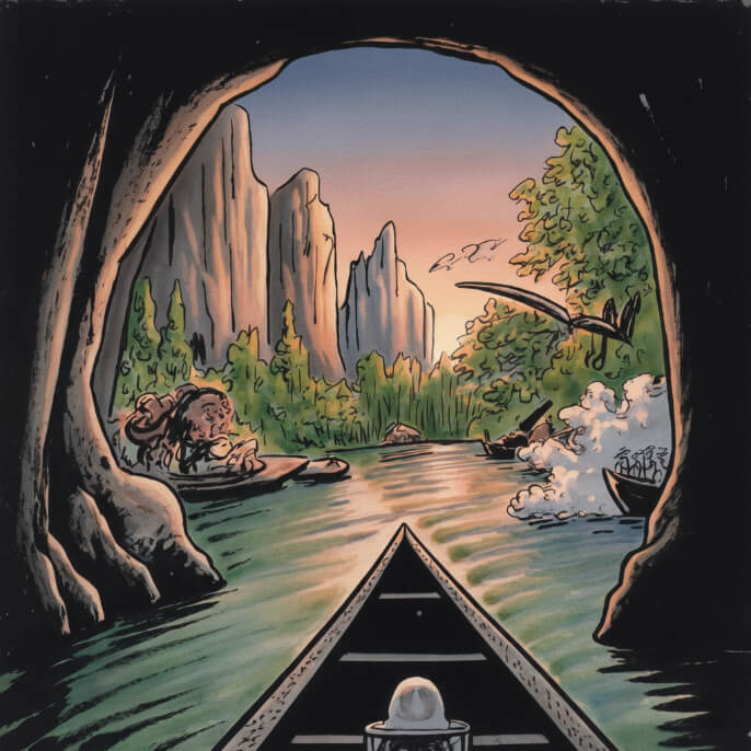 Boat emerges from the famous Kong Lor Cave in Laos, the Thakhek Loop.