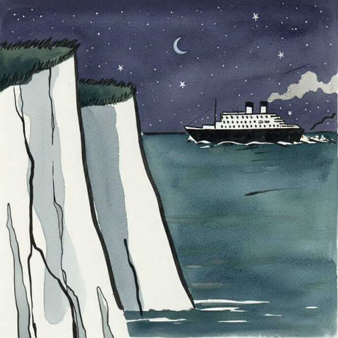 A ship leaving the white cliffs in Pool, UK.