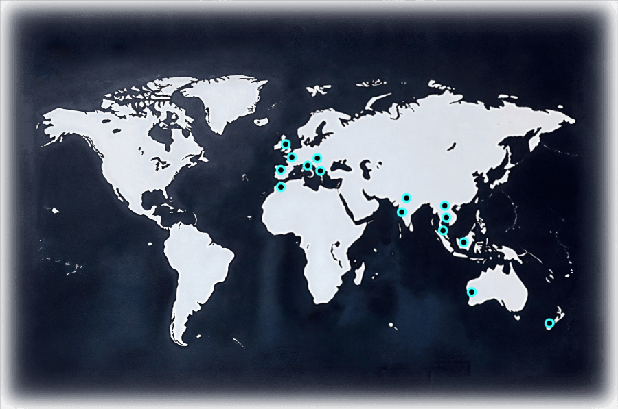 Faded world map with the Moto Memo journey dotted out.