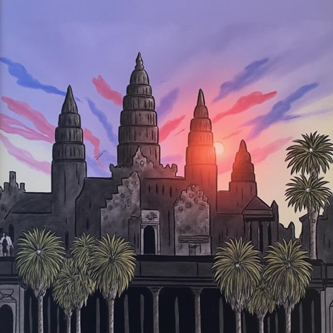 The ancient temples of Angkor Wat in Cambodia at sunset.