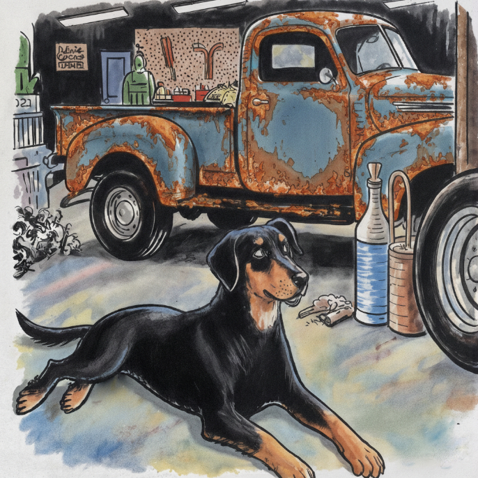 An old black dog sits in a French mechanic's warehouse.
