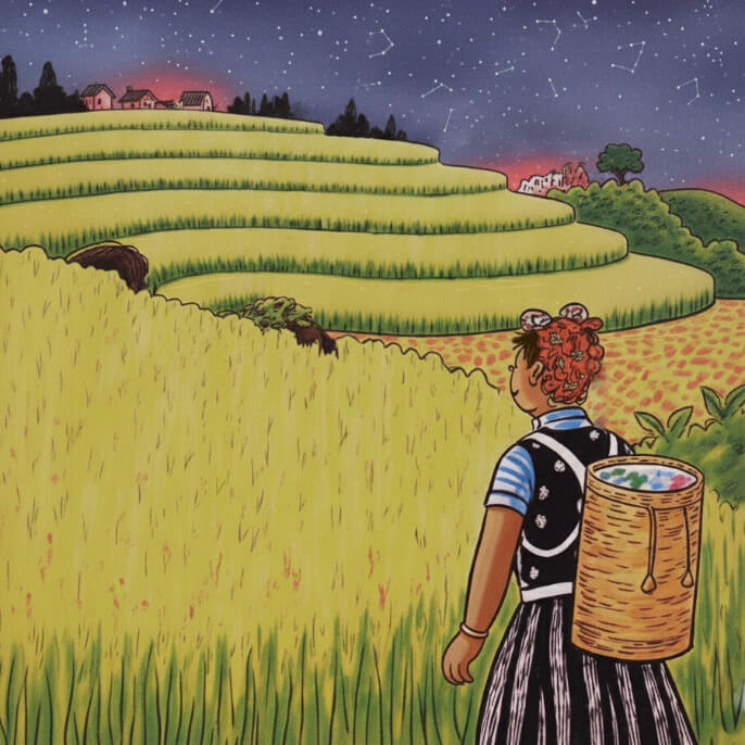 Woman watches the Vietnamese rice paddy stairways at sunset in Vietnam.