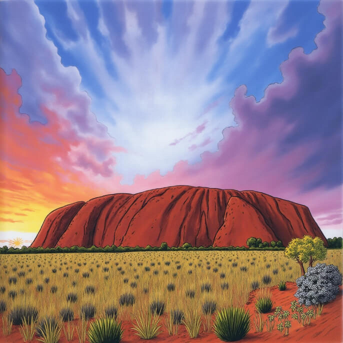 Uluru red sandstone monolith at sunset in Australia.