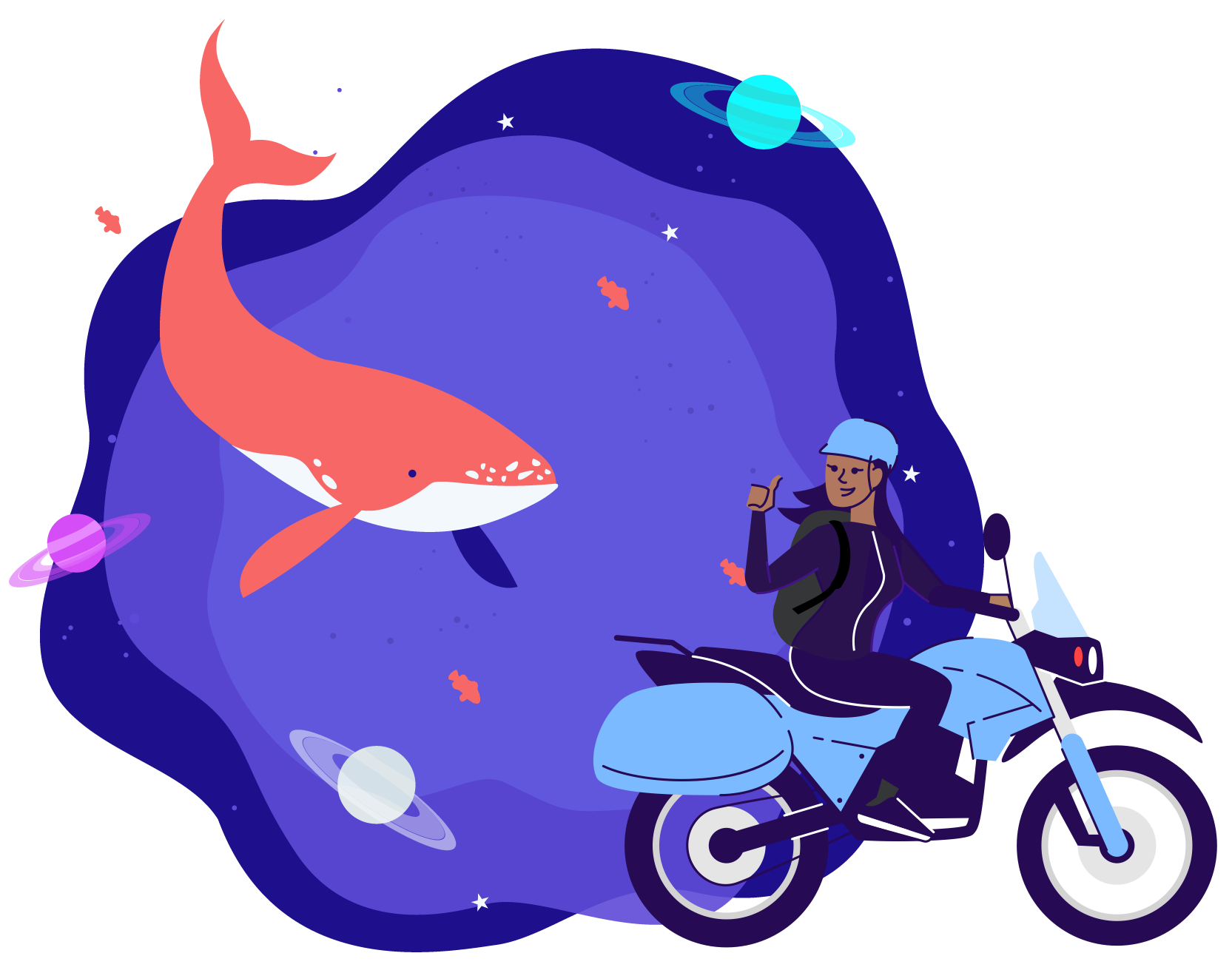 Woman riding a motorcycle through space, followed by a whale.