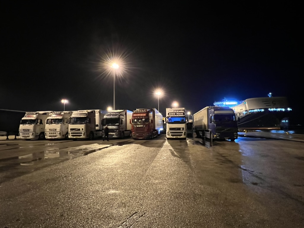 Truckers in port.