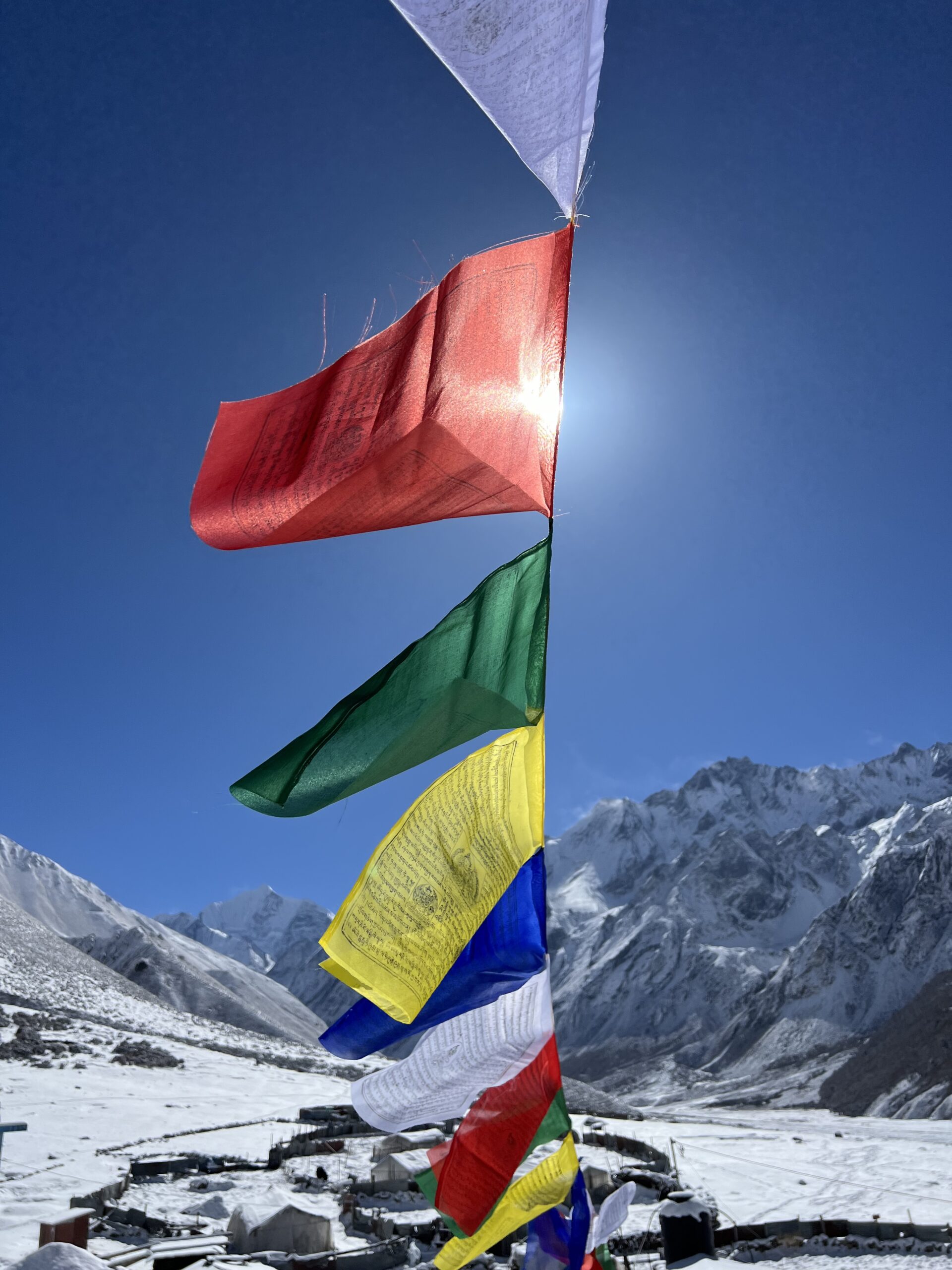 Nepalese prayer flags and snowy mountains.